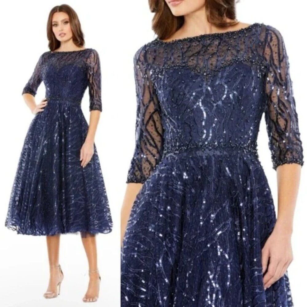 $598 Mac Duggal Womens Size 22 Dark Navy Blue Embellished Midi Formal Dress Gown